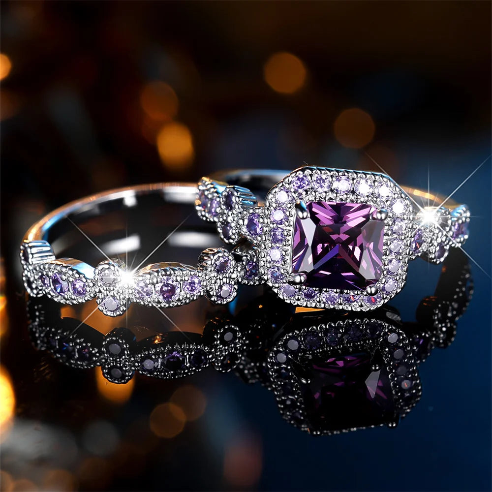 Ensemble de bagues de fiançailles en pierre carrée pour femmes, cristal violet, promesse, Vintage, couleur argent, bijoux de mariage, ensemble cadeau de mariée, 2 pièces/ensemble