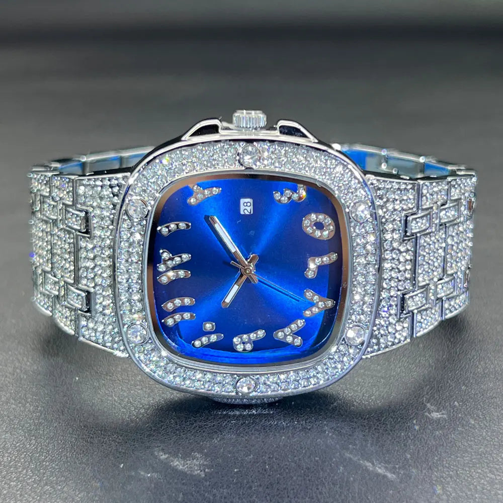 Original Diamantuhr für Männer Luxus Hip Hop Blaues Zifferblatt Uhren Einzigartige Bling Ice Out Leuchtende Wasserdichte relogios masculino geschenk