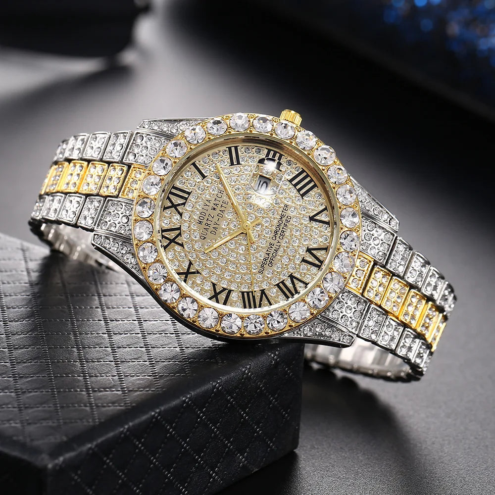 Hip Hop glacé hommes montre pleine AAA strass autour de luxe montres à Quartz horloge ronde unisexe montre-bracelet cadeau pour petit ami