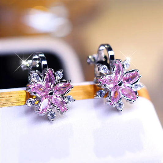Boucles d'oreilles de luxe en pierre de Zircon rose pour femmes, petites boucles d'oreilles à Clip, couleur argent, bijoux de mariage pour femmes