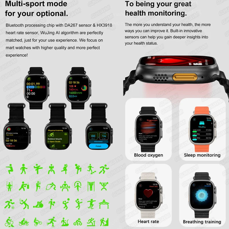 Montre Connectée GUHUAVMI Apple Watch Ultra 2 – AMOLED, Suivi Santé, Multi-Sports, IP67