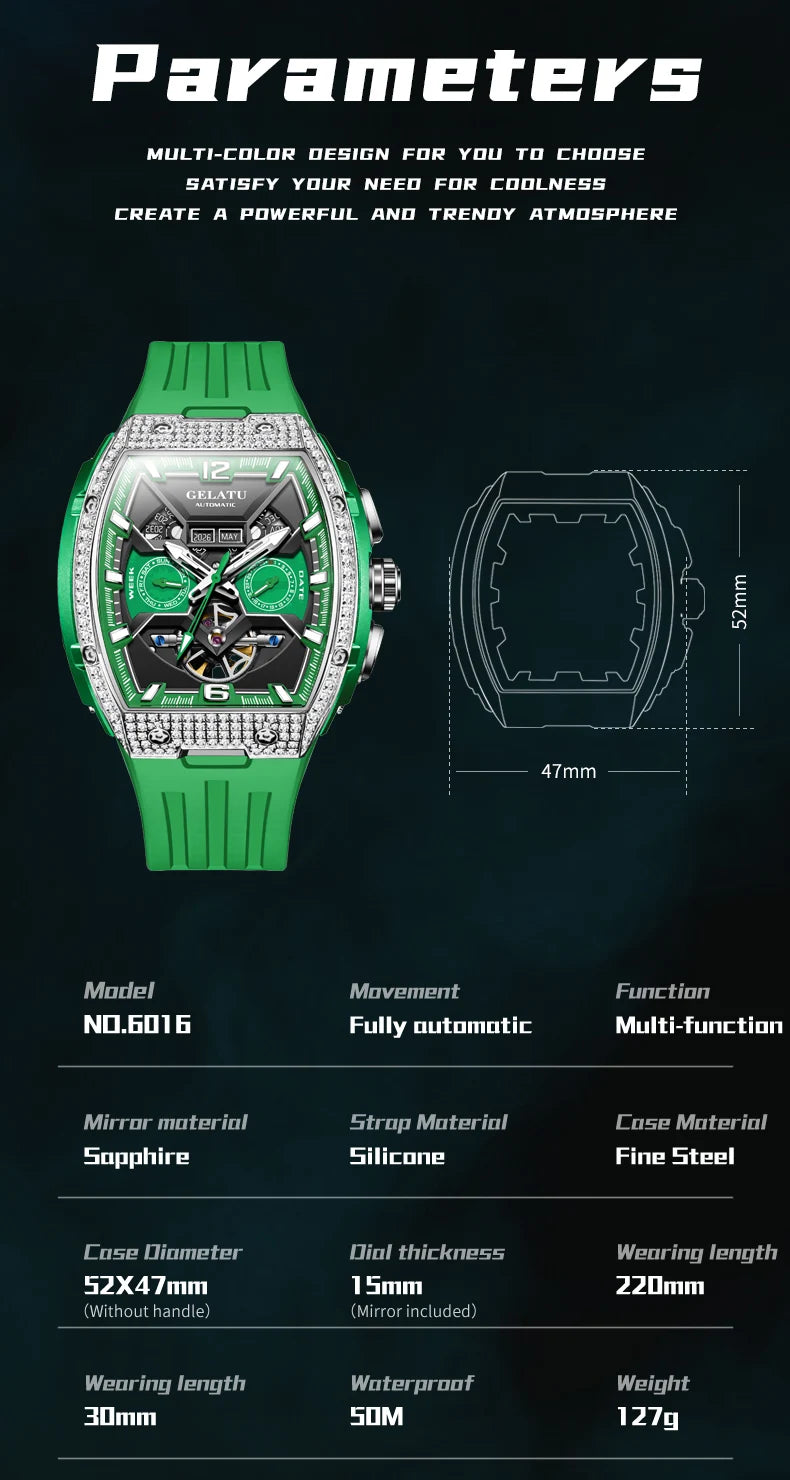 GELATU Men's Watch Hollow Out Skeleton Automatic Watch for Men Silicone Strap Dual Calendar Luxury Original Mechanical Man Watch