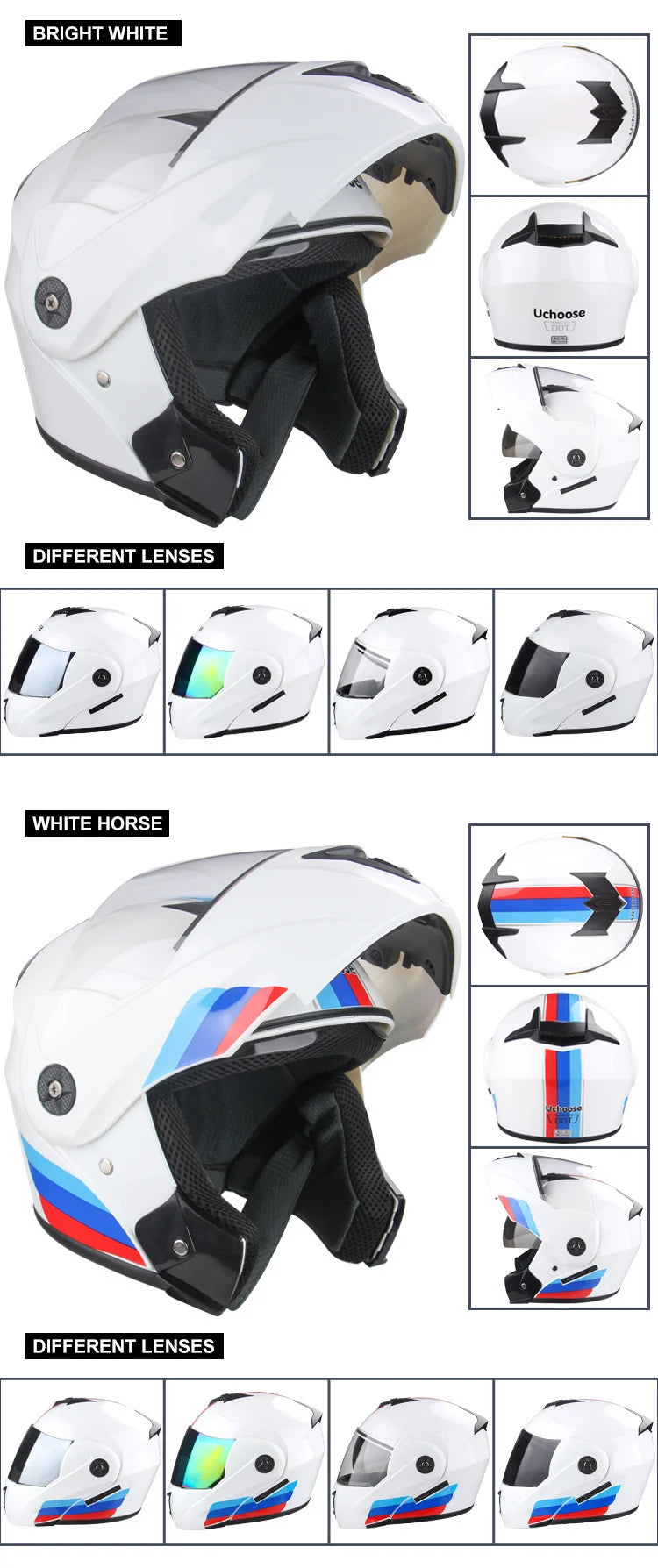 Uchoose Casque à Section transversale Double lentille Certification DOT Casque de moto de sécurité Casque à rabat modulaire Casque unisexe avec visière
