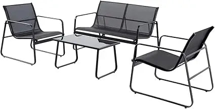 Salon de jardin 4 places en métal noir | 1 canapé + 2 fauteuils + 1 table basse | Dessus en verre trempé de 5 mm | Structures en acier