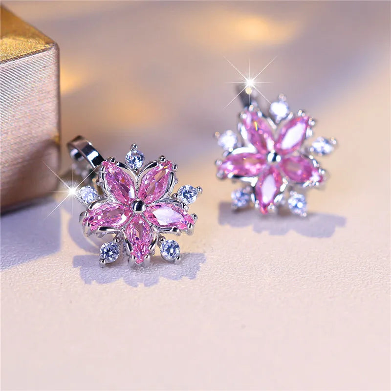 Boucles d'oreilles de luxe en pierre de Zircon rose pour femmes, petites boucles d'oreilles à Clip, couleur argent, bijoux de mariage pour femmes