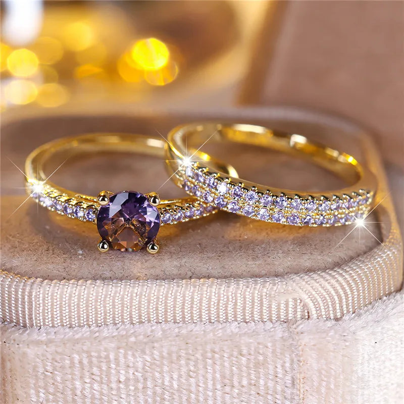 Ensemble de bagues de fiançailles rondes en pierre de Zircon vert cristal pour femmes, bijoux de mariage de luxe couleur or jaune pour femmes