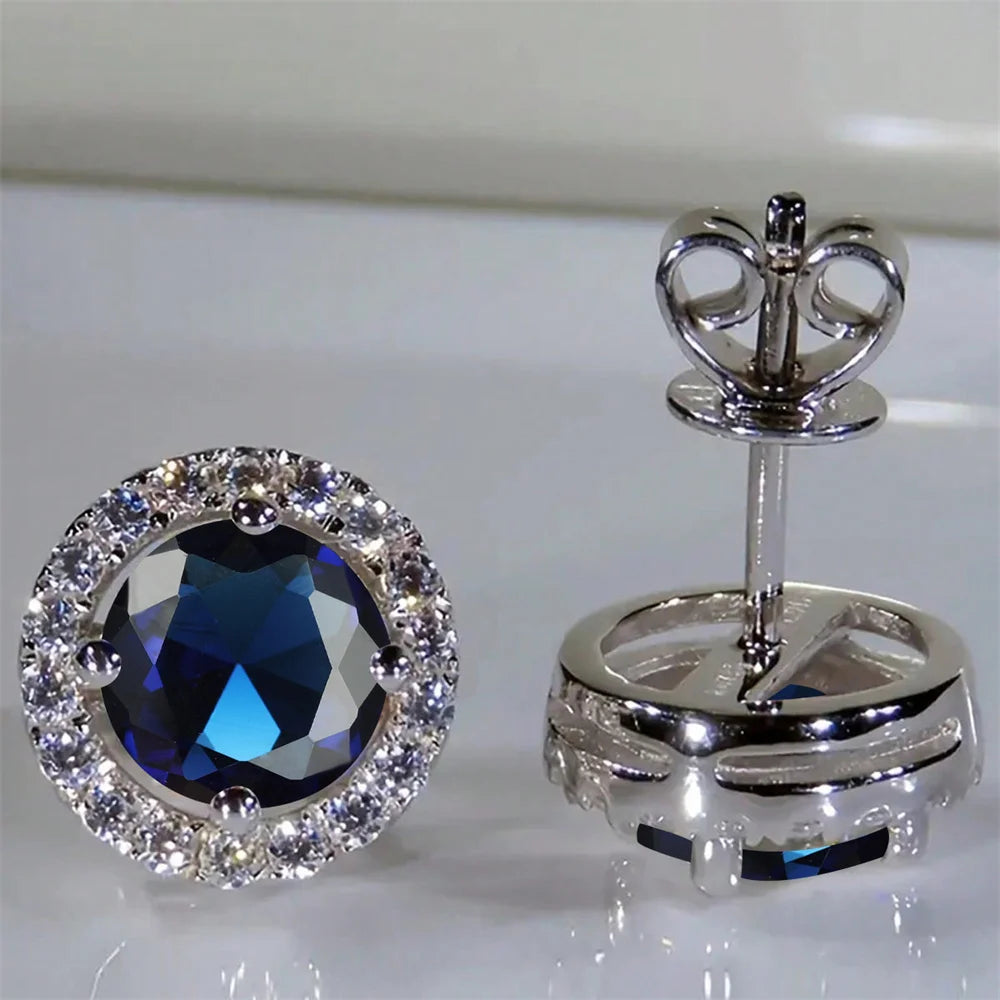 Boucles d'oreilles classiques en pierre ronde à quatre griffes pour femmes, cristal arc-en-ciel, Zircon multicolore, couleur argent, bijoux de fiançailles