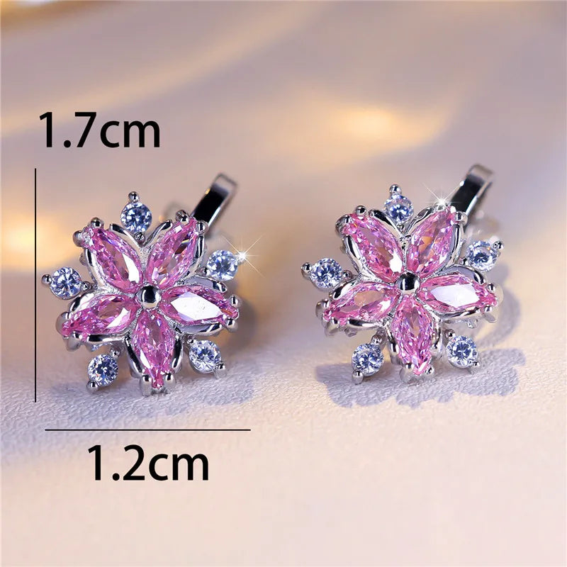 Boucles d'oreilles de luxe en pierre de Zircon rose pour femmes, petites boucles d'oreilles à Clip, couleur argent, bijoux de mariage pour femmes