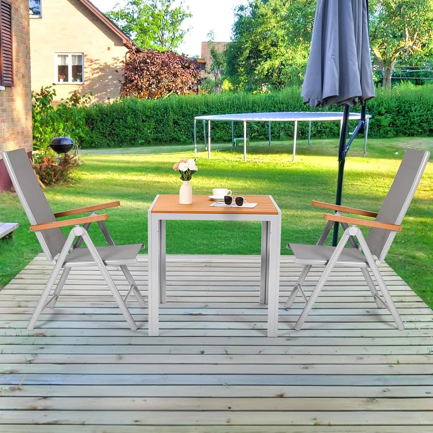 Table de jardin réglable en aluminium avec dossier haut, 2 chaises pliantes, 7 plis, ensemble de sièges de balcon, meubles de jardin, 3 pièces