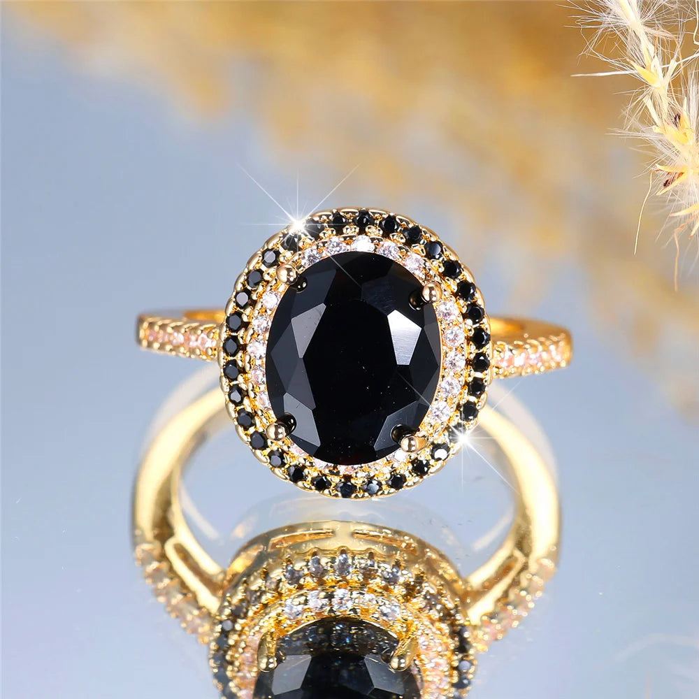 Bagues ovales de luxe en pierre de Zircon noir pour femmes, Vintage, couleur argent, bracelet de mariage, bijoux de mariée, cadeau de fiançailles