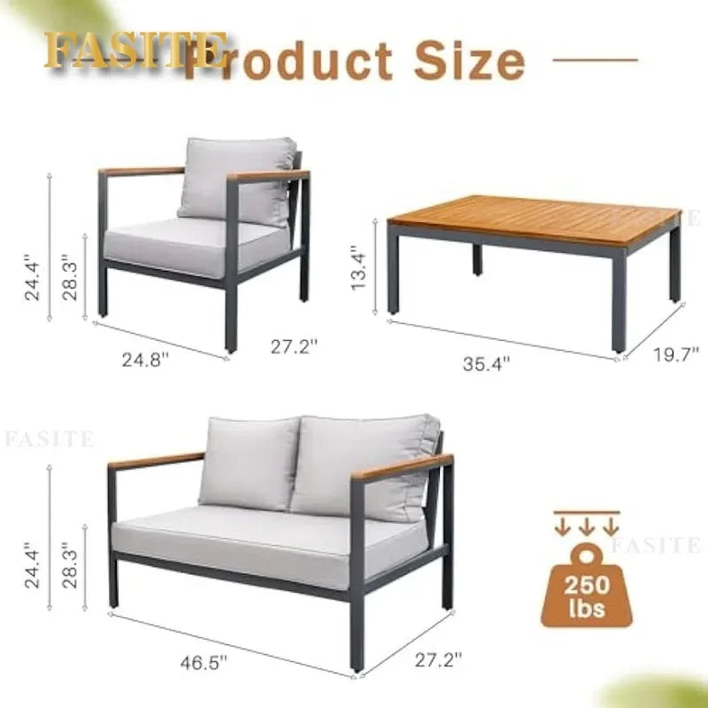Ensemble de Conversation de salon de Patio, meubles 4 pièces, accoudoir et plateau de Table en bois massif, coussin imperméable épais Anti-chute, Beige
