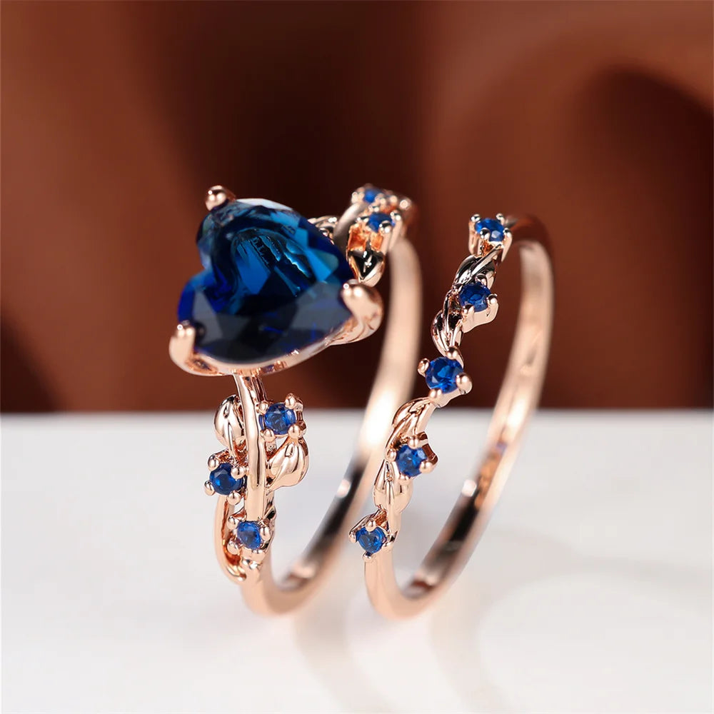 Ensemble de bagues en forme de cœur pour femmes, bleu Royal, vert, noir, rouge, couleur or Rose, Zircon blanc, bandes de mariage, bijoux pour la fête des mères