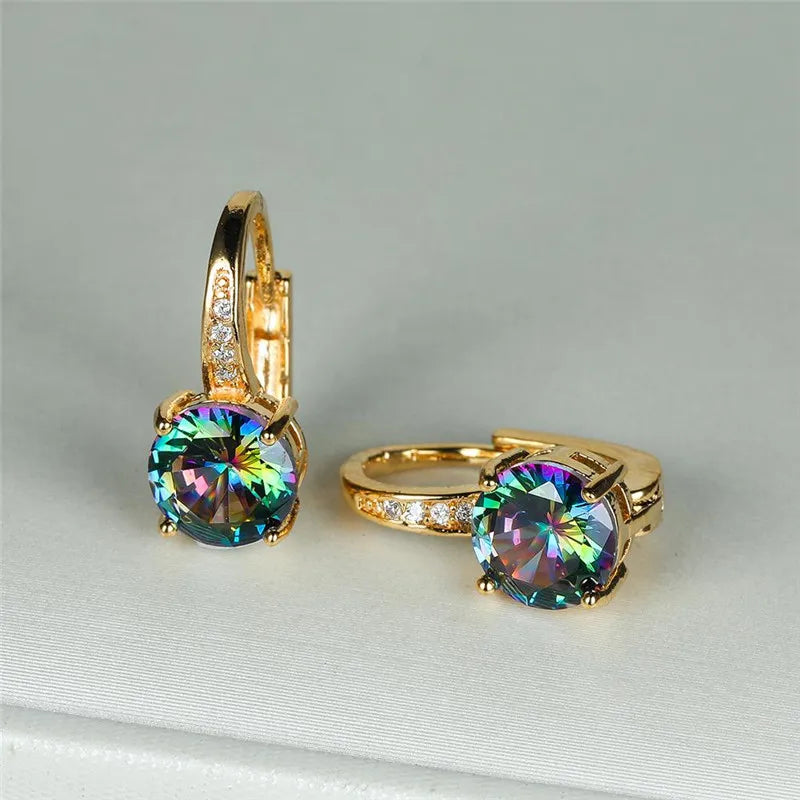 Boucles d'oreilles à clip rondes classiques pour femmes, bijoux de mariage en pierre de cristal arc-en-ciel mystique, document doré délicat