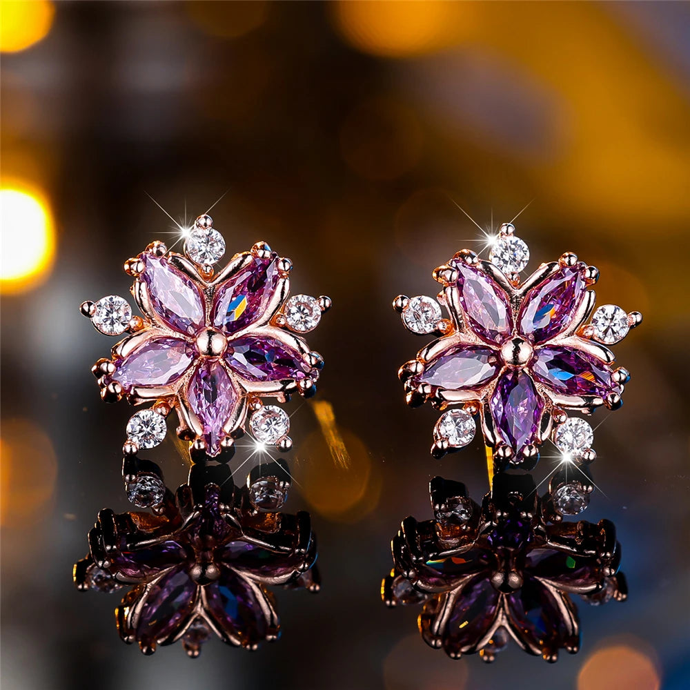 Boucles d'oreilles à tige flocon de neige en pierre pour femme, blanc, violet, mignon, vintage, document en or, bijoux de mariage