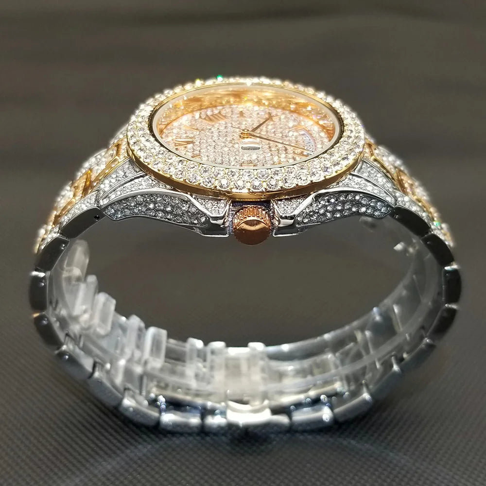 TikTok montre-bracelet en diamant pour hommes de luxe plaqué or 18 carats montres à quartz jour Date discothèque montre de fête unisexe rappeur bijoux