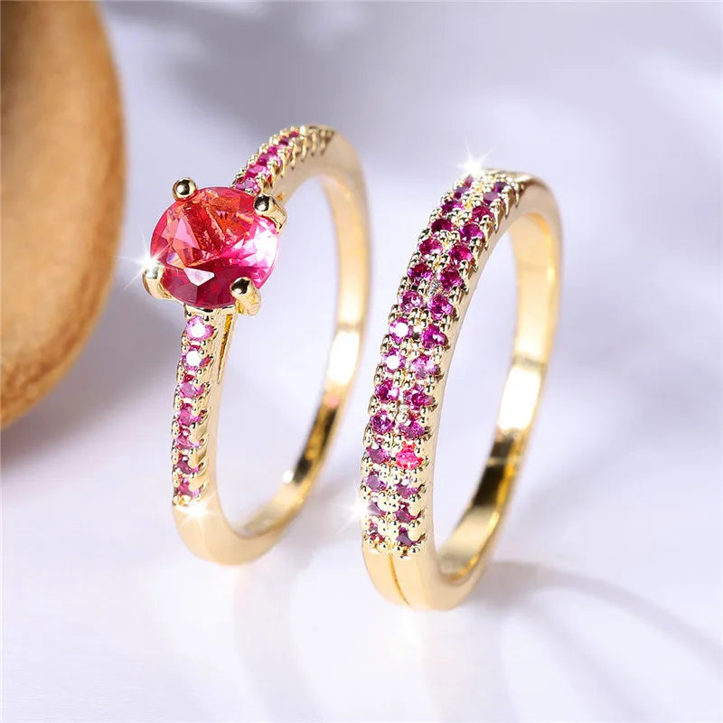 Ensemble de bagues de fiançailles rondes en pierre de Zircon vert cristal pour femmes, bijoux de mariage de luxe couleur or jaune pour femmes