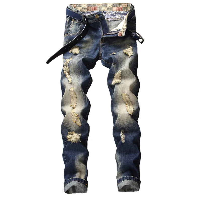 Men Jeans Streetwear Ripped Denim Pants Trend Trousers Hole Ruined Casual Biker Destroyed Regular Straight
