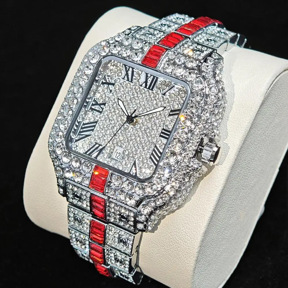 Montres de luxe en diamant rouge pour hommes, marque ummy GUET, Hip Hop, glacé, bling, bijoux, montre-bracelet, mode, étanche, horloges à quartz carrées
