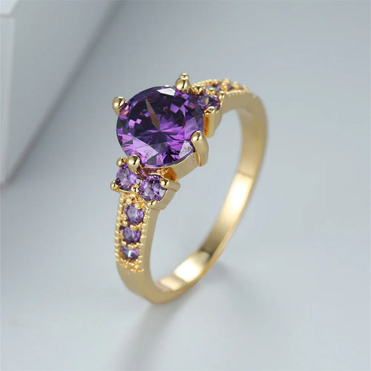 Bagues de fiançailles rondes en cristal violet pour femmes, Vintage, couleur or, bracelet de mariage, breloque, pierre de naissance, bijoux, accessoire de mode