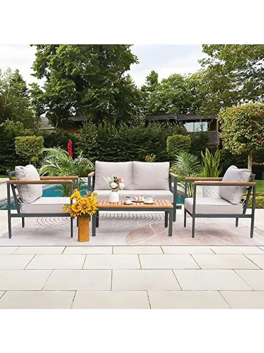 Ensemble de Conversation de salon de Patio, meubles 4 pièces, accoudoir et plateau de Table en bois massif, coussin imperméable épais Anti-chute, Beige
