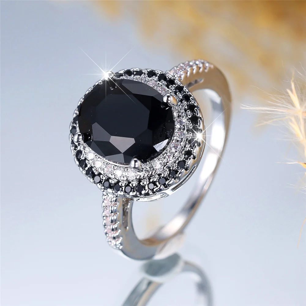Bagues ovales de luxe en pierre de Zircon noir pour femmes, Vintage, couleur argent, bracelet de mariage, bijoux de mariée, cadeau de fiançailles