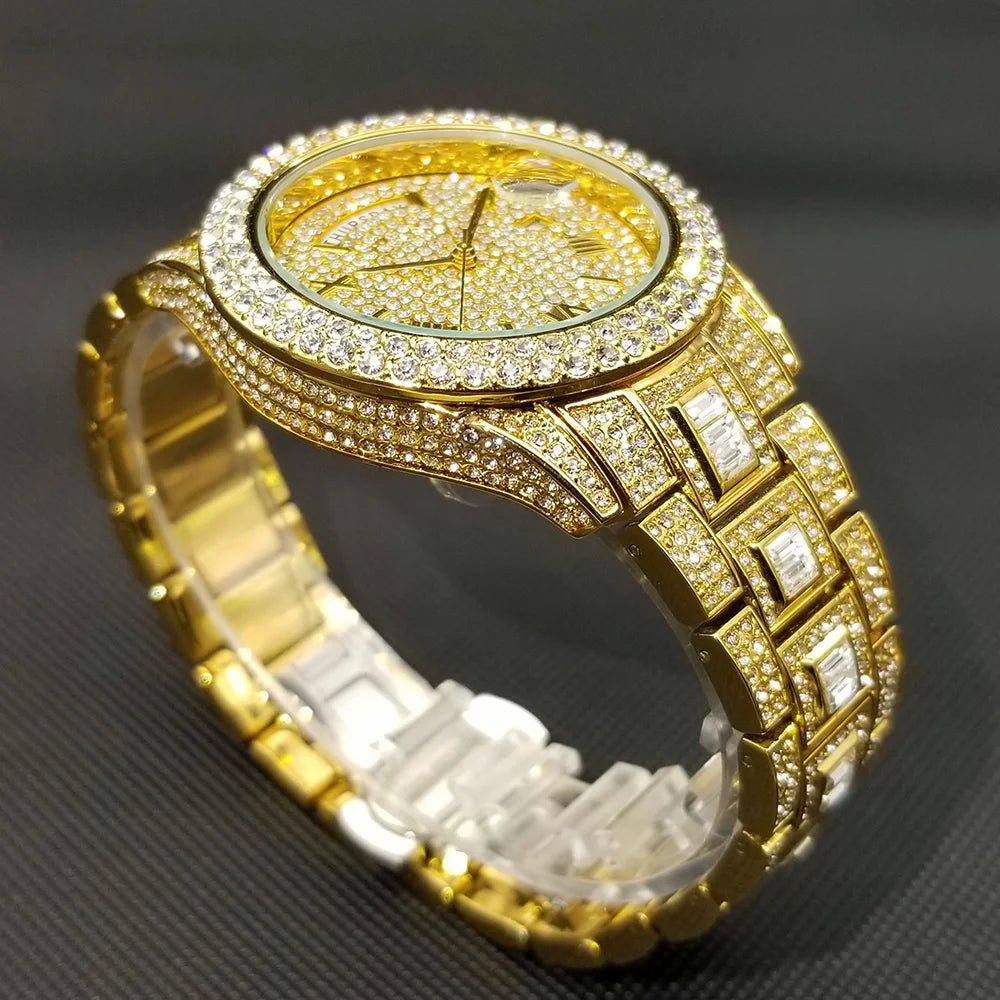 TikTok montre-bracelet en diamant pour hommes de luxe plaqué or 18 carats montres à quartz jour Date discothèque montre de fête unisexe rappeur bijoux