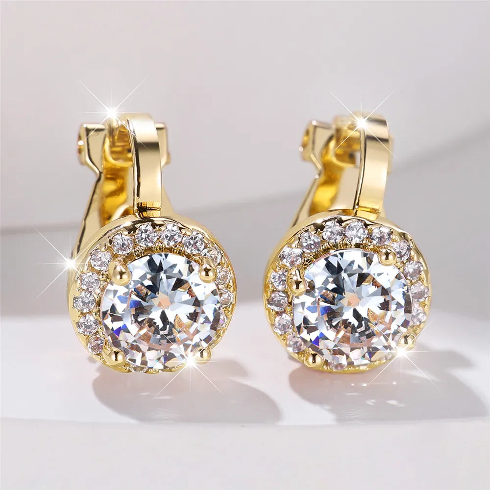 Boucles d'oreilles rondes en pierre de Zircon arc-en-ciel pour femmes, petites boucles d'oreilles à Clip, breloque couleur or jaune, bijoux de mariage pour femmes