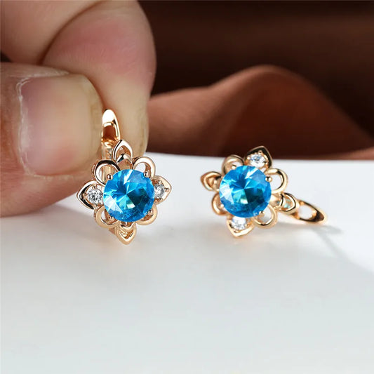 Boucles d'oreilles clip Boho Blue Stone Flower pour femme, document doré, petit cadeau de bijoux de mariage rond