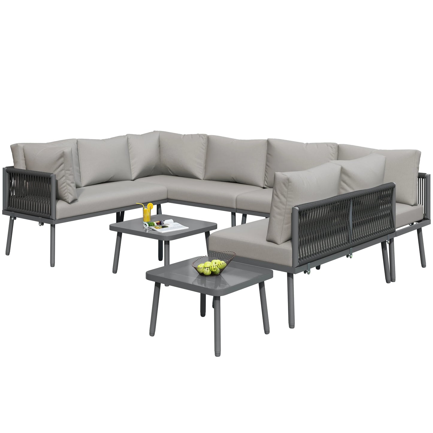 Canapé d'angle extérieur résistant aux intempéries, mobilier de patio extérieur, dormez 8, avec 2 tables et 4 sièges d'amour, coussins inclus