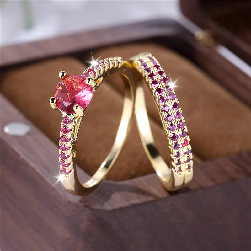 Ensemble de bagues de fiançailles rondes en pierre de Zircon vert cristal pour femmes, bijoux de mariage de luxe couleur or jaune pour femmes