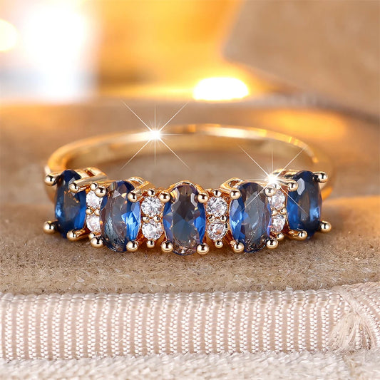 Bagues ovales en pierre ovale en cristal bleu à une rangée pour femmes, bague de fiançailles Vintage couleur or, bijoux de mariage, cadeaux d'anniversaire de mariée