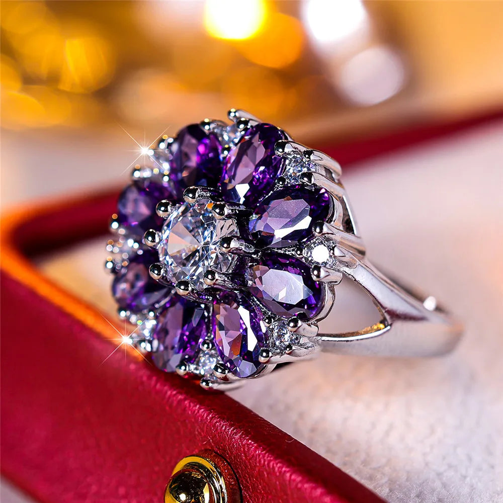 Bague de fiançailles de luxe en cristal violet pour femmes, fleur de soleil, Vintage, couleur argent, bijoux de mariage pour femmes