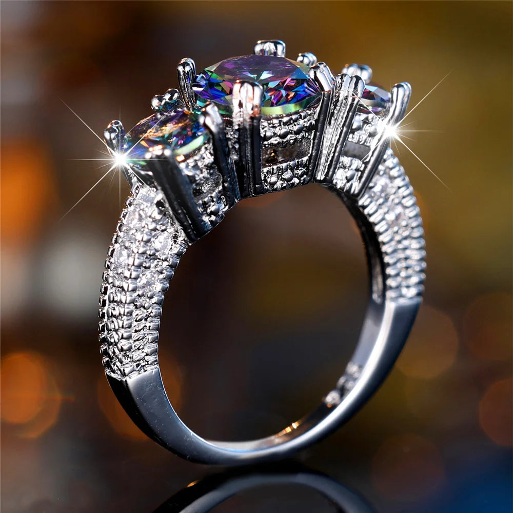 Bague de fiançailles ronde arc-en-ciel pour femme, bijoux sur pierre, vintage, document en argent, bande de mariage, patients