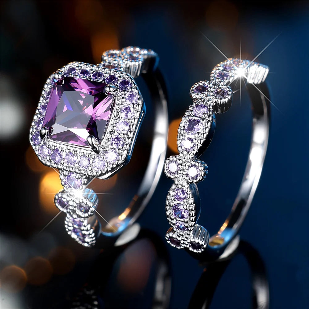 Ensemble de bagues de fiançailles en pierre carrée pour femmes, cristal violet, promesse, Vintage, couleur argent, bijoux de mariage, ensemble cadeau de mariée, 2 pièces/ensemble