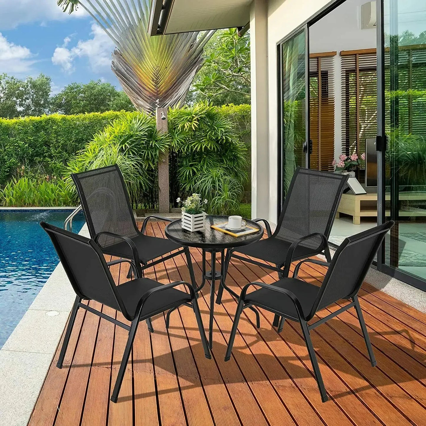 4 pièces chaises de jardin acier-fer + tissu Casseline pliant dossier haut chaise de balcon chaise de Camping sièges extérieurs groupe noir