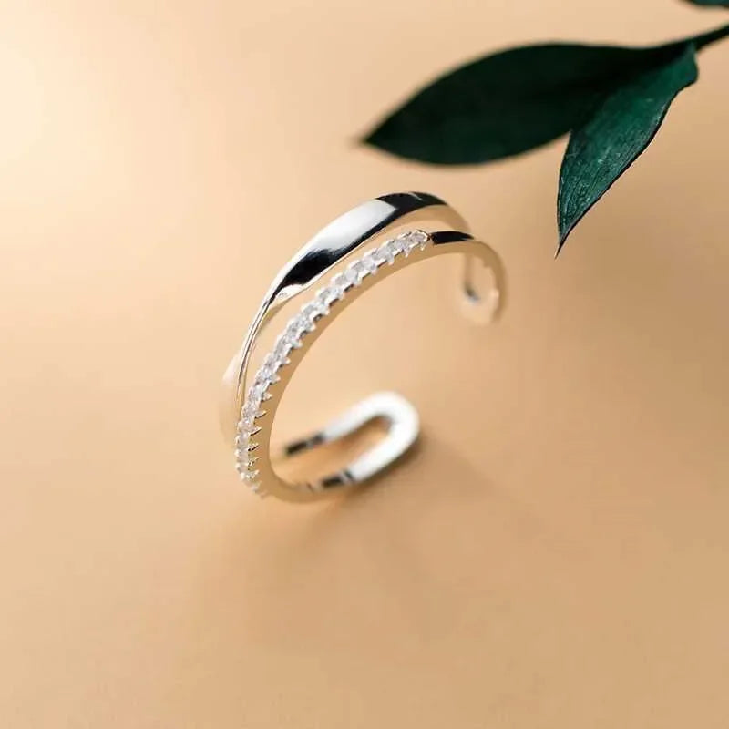 Bague en argent Sterling 925 en zircon Double géométrie pour femmes, bijoux, anneau ouvert réglable pour fête, cadeau d'anniversaire