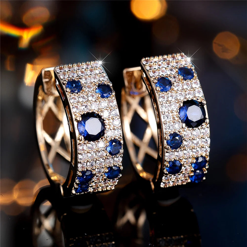 Boucles d'oreilles rondes en pierre de Zircon blanc et bleu pour femmes, bijoux de mariage couleur or à la mode