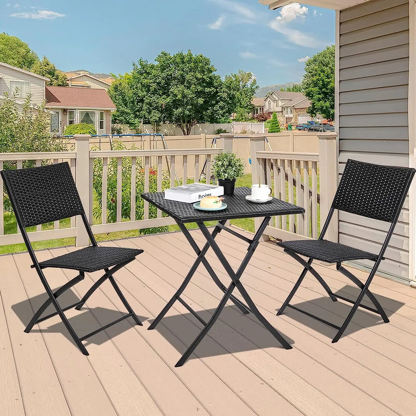 Ensemble de table pliante et 2 chaises d'extérieur, meubles pliants, chaise en rotin, table de pique-nique de camping portable, ensemble de balcon, 3 pièces