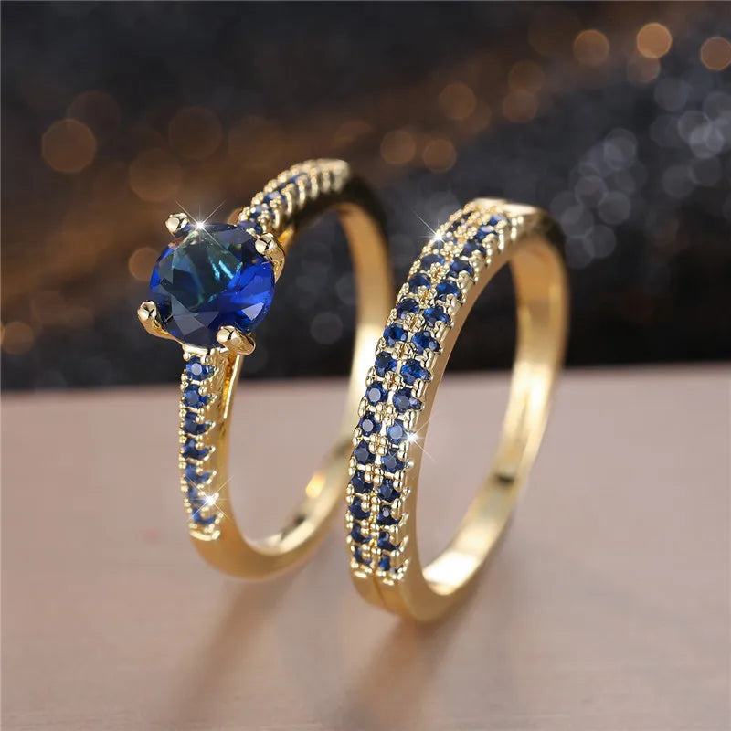 Ensemble de bagues de fiançailles rondes en pierre de Zircon vert cristal pour femmes, bijoux de mariage de luxe couleur or jaune pour femmes