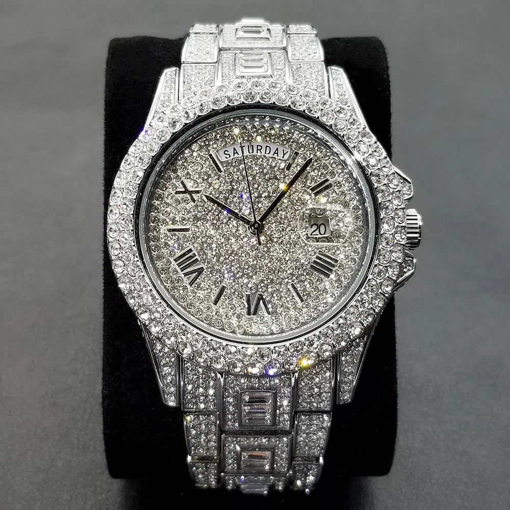 TikTok montre-bracelet en diamant pour hommes de luxe plaqué or 18 carats montres à quartz jour Date discothèque montre de fête unisexe rappeur bijoux