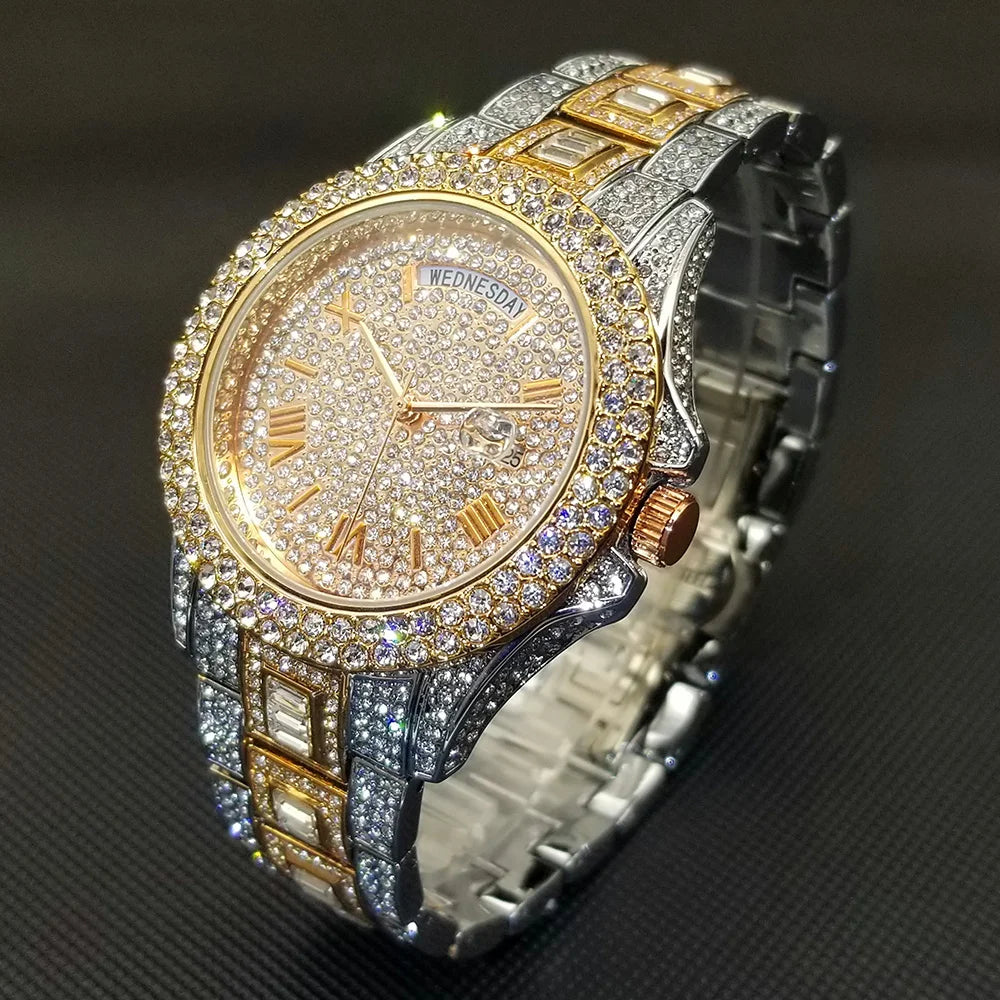 TikTok montre-bracelet en diamant pour hommes de luxe plaqué or 18 carats montres à quartz jour Date discothèque montre de fête unisexe rappeur bijoux