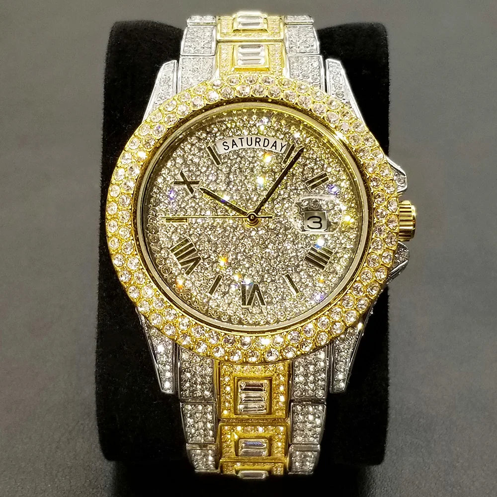 TikTok montre-bracelet en diamant pour hommes de luxe plaqué or 18 carats montres à quartz jour Date discothèque montre de fête unisexe rappeur bijoux
