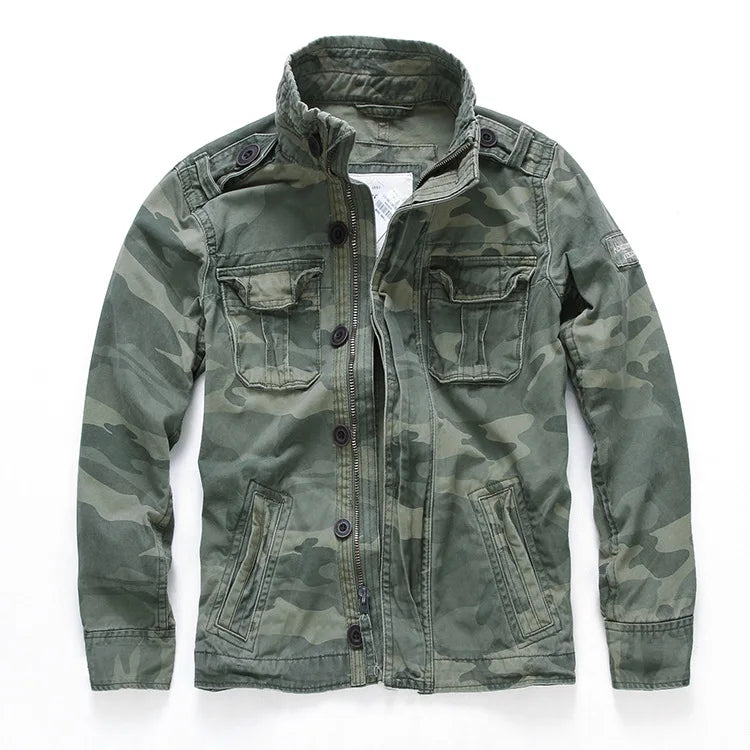 Veste militaire homme en denim – Col roulé, poches pratiques, printemps/automne