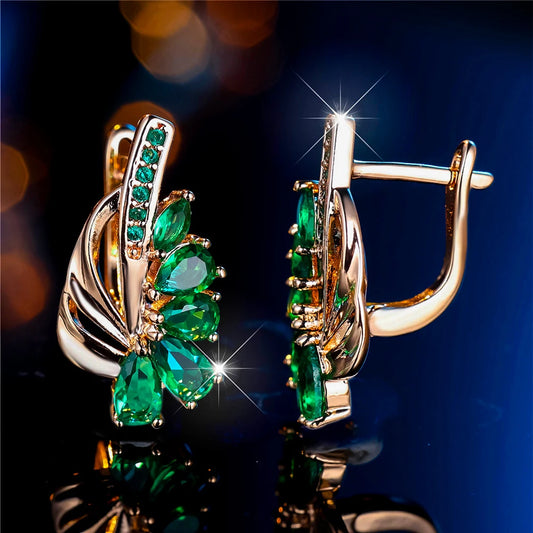 Boucles d'oreilles clip en pierre pour femme, bijoux de mariage, breloque, document doré, couleur verte, luxe