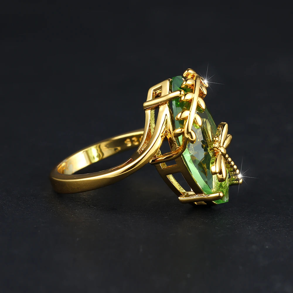 Bagues libellule en pierre vert Olive pour femmes, coupe Marquise, grand œil de cheval, couleur or, Zircon, bandes de mariage, bague de Cocktail, bijoux CZ