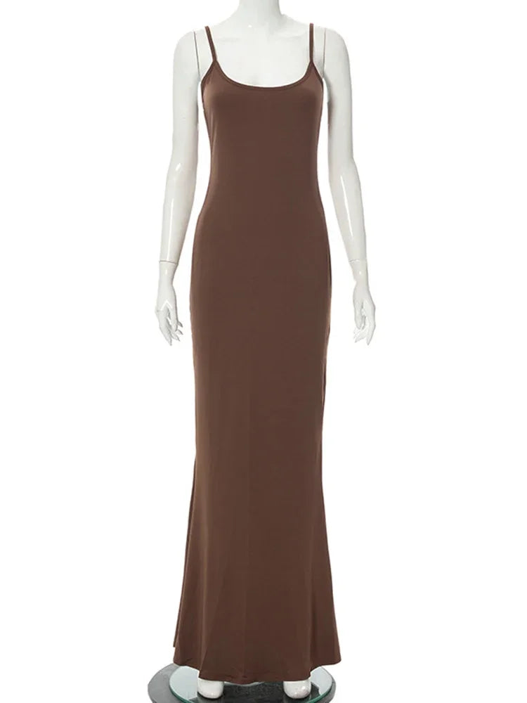 Y2K – robe Maxi Sexy pour femmes, dos nu, Slim, robe de soirée, pull concis, longue, moulante, marron, automne 2025