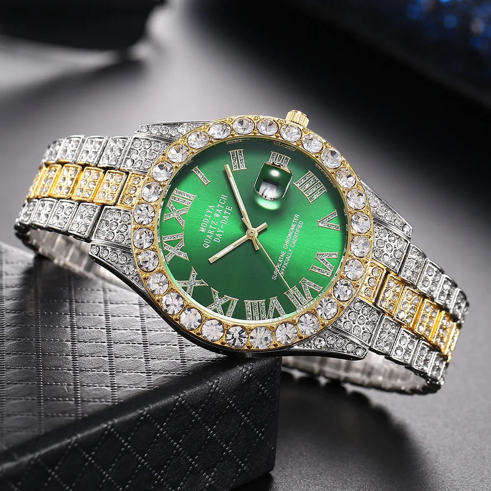 Hip Hop glacé hommes montre pleine AAA strass autour de luxe montres à Quartz horloge ronde unisexe montre-bracelet cadeau pour petit ami
