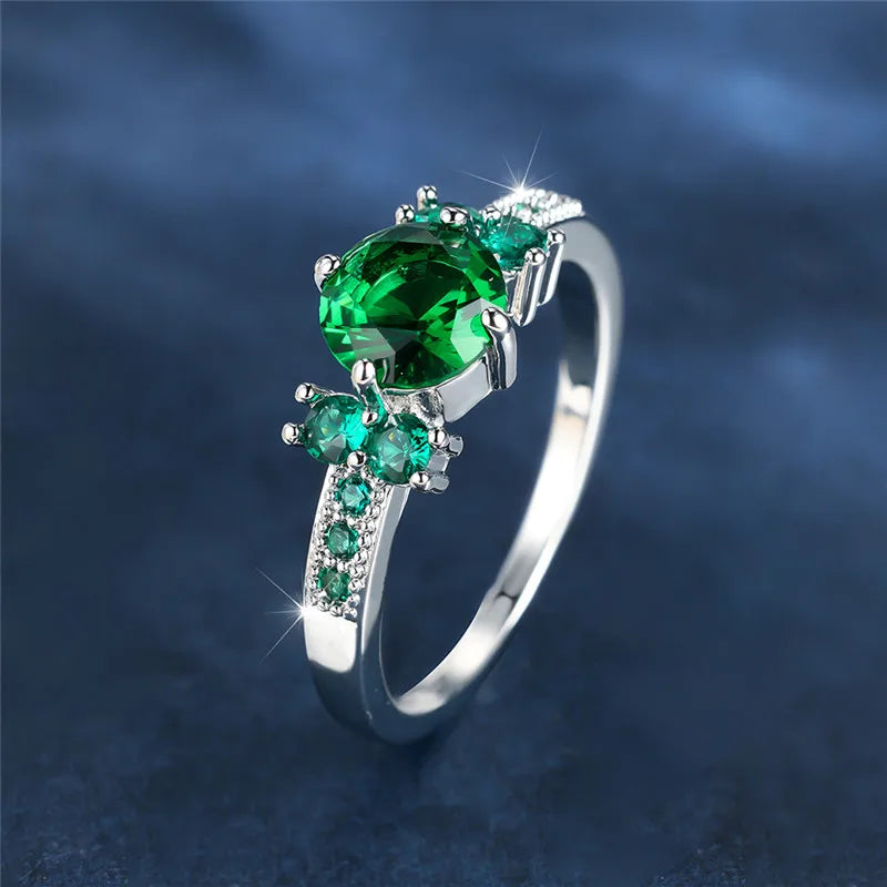 Green Zunderes-Bague de fiançailles en pierre ronde pour femme, cristal de luxe, pierre de naissance de mai, matiques fines, vintage, bijoux de mariage, document en argent
