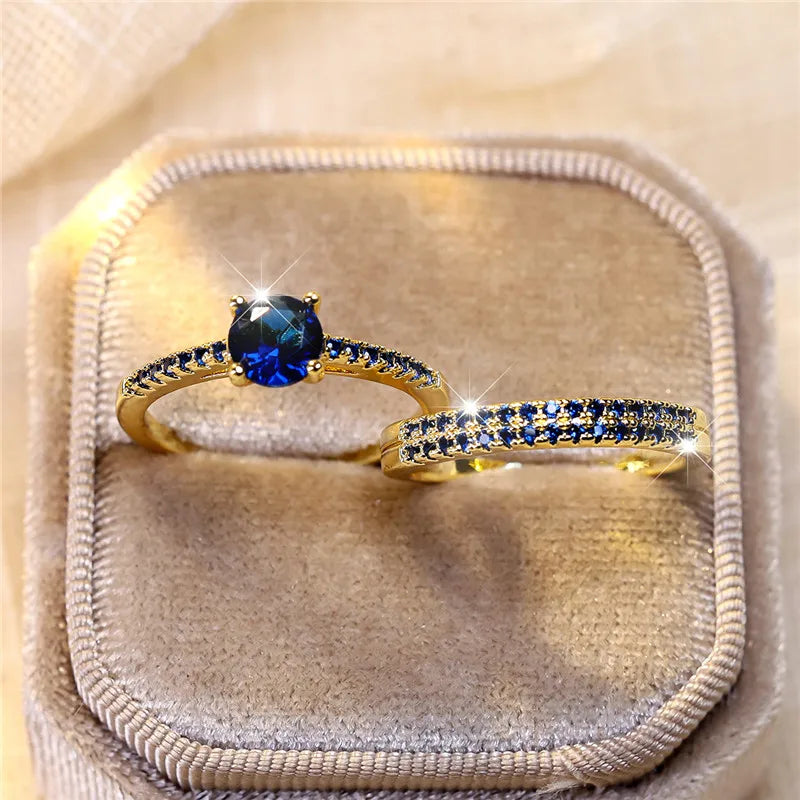 Ensemble de bagues de fiançailles rondes en pierre de Zircon vert cristal pour femmes, bijoux de mariage de luxe couleur or jaune pour femmes