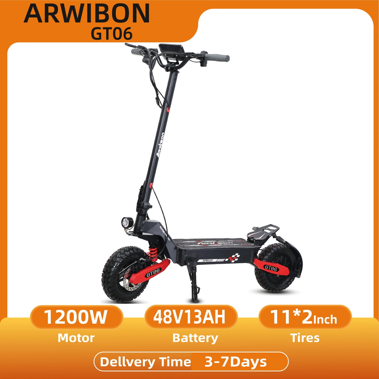 ARWIBON GT06 – Trottinette Électrique Pliable 1200W 48V 23.4Ah | 60 km/h, 60 km d’autonomie, Pneus 11” Tout-Terrain